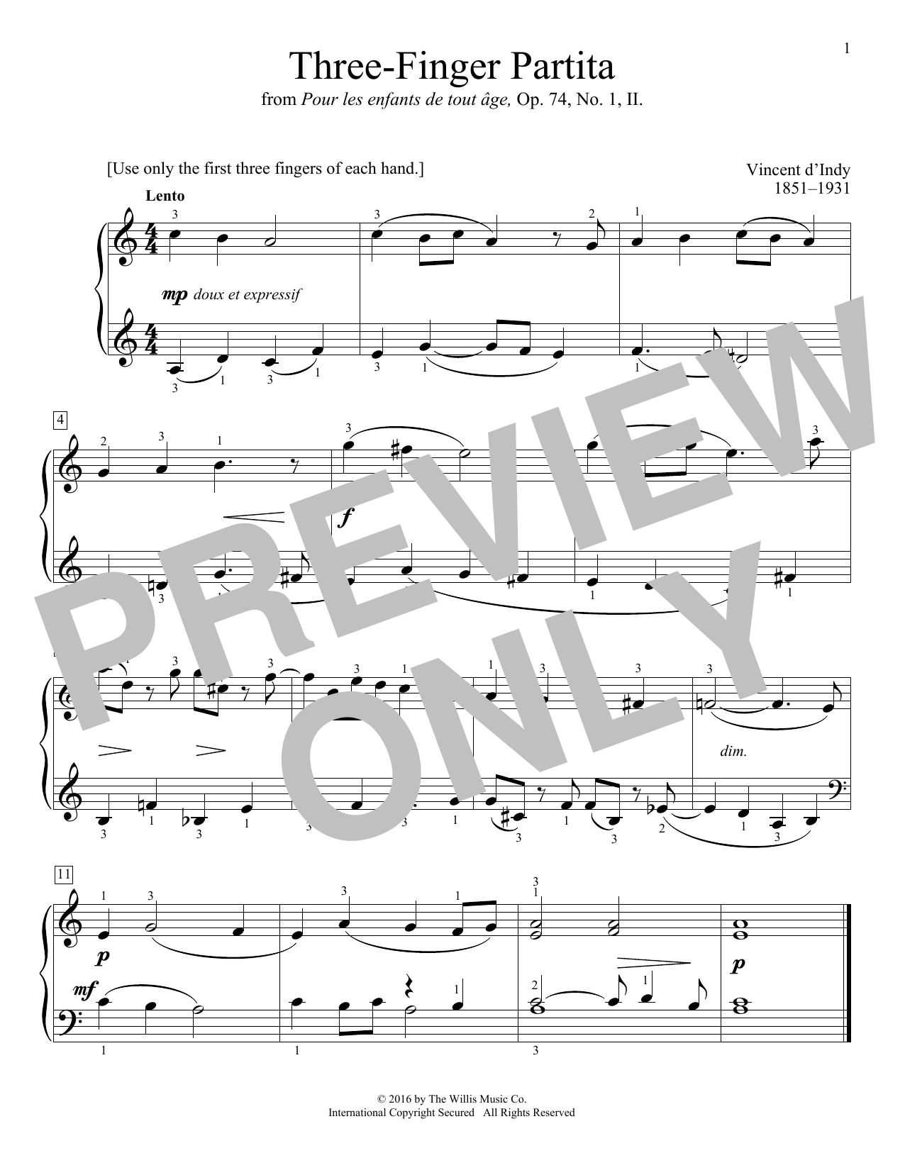 Vincent d'Indy Three-Finger Partita sheet music notes and chords. Download Printable PDF.