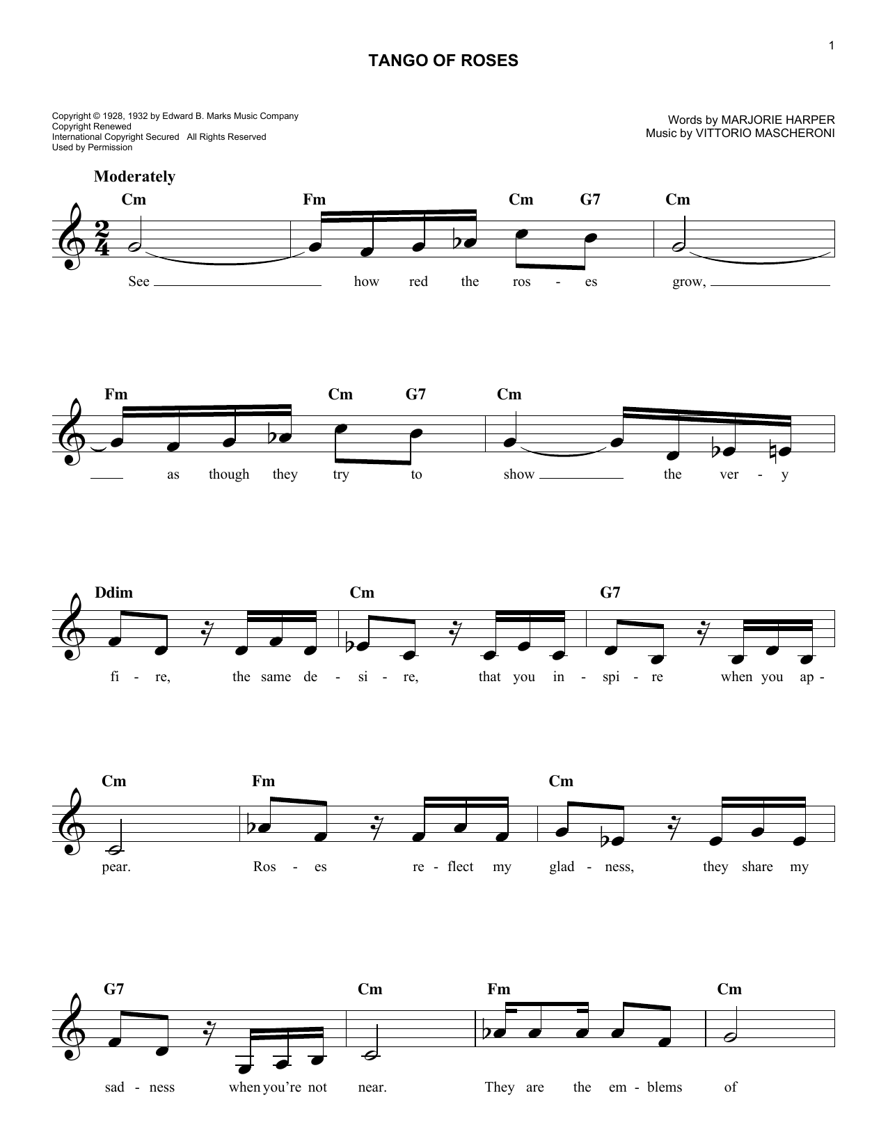 Vittorio Mascheroni Tango Of Roses sheet music notes and chords arranged for Easy Lead Sheet / Fake Book