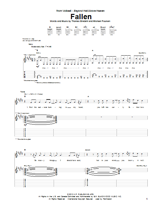 Volbeat Fallen sheet music notes and chords. Download Printable PDF.