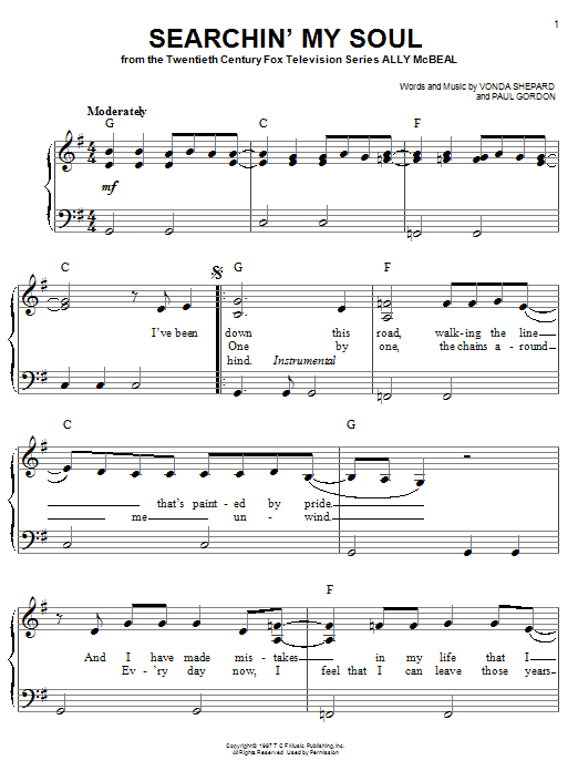 Vonda Shepard Searchin' My Soul (theme from Ally McBeal) sheet music notes and chords. Download Printable PDF.