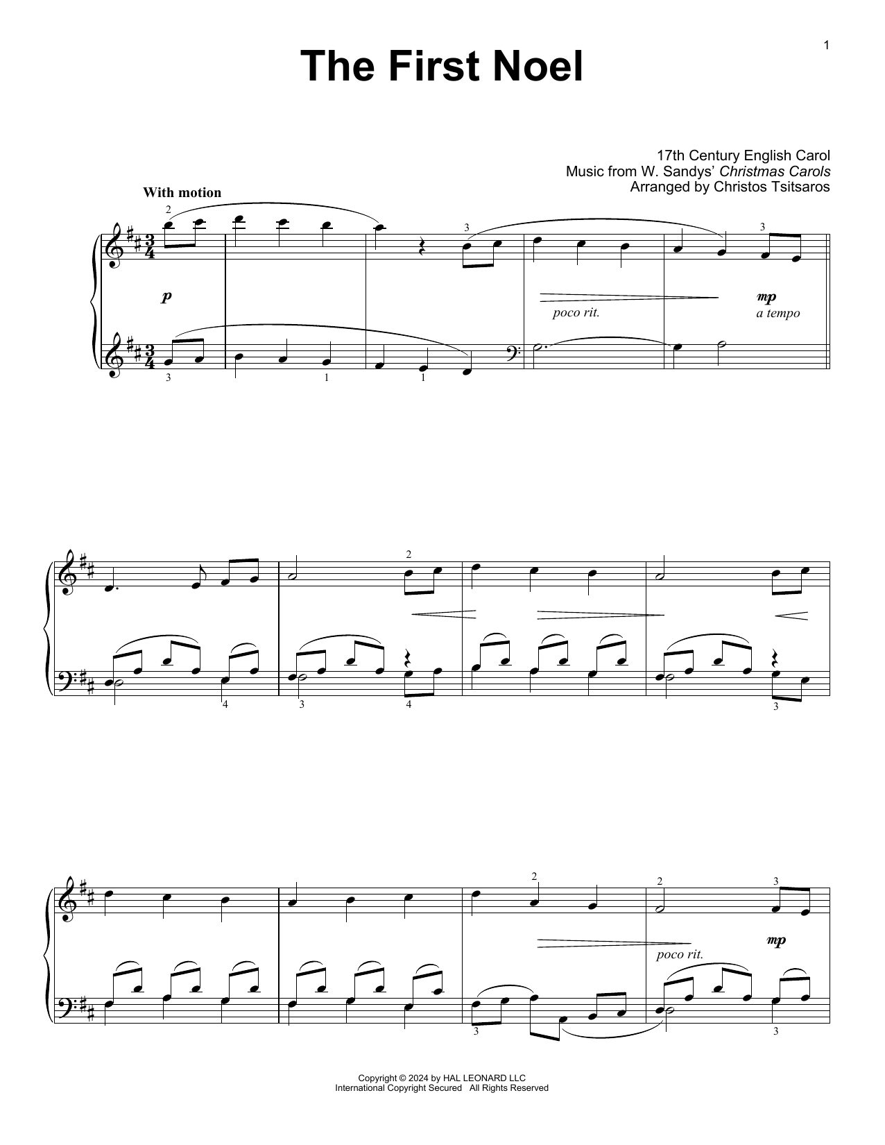 W. Sandys' Christmas Carols The First Noel (arr. Christos Tsitsaros) sheet music notes and chords. Download Printable PDF.