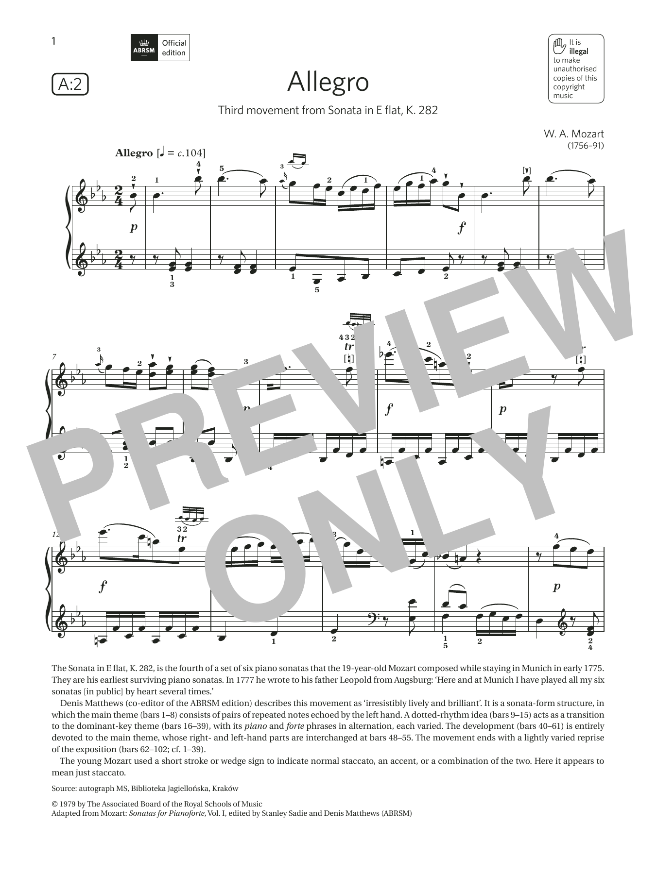 Learn to play W. A. Mozart Allegro (Grade 6, list A2, from the ABRSM Piano Syllabus 2021 & 2022) sheet music for Piano Solo in minutes. Price: 6.9900$ W. A. Mozart Allegro (Grade 6, list A2, from the ABRSM Piano Syllabus 2021 & 2022) sheet music notes and chords arranged for Piano Solo