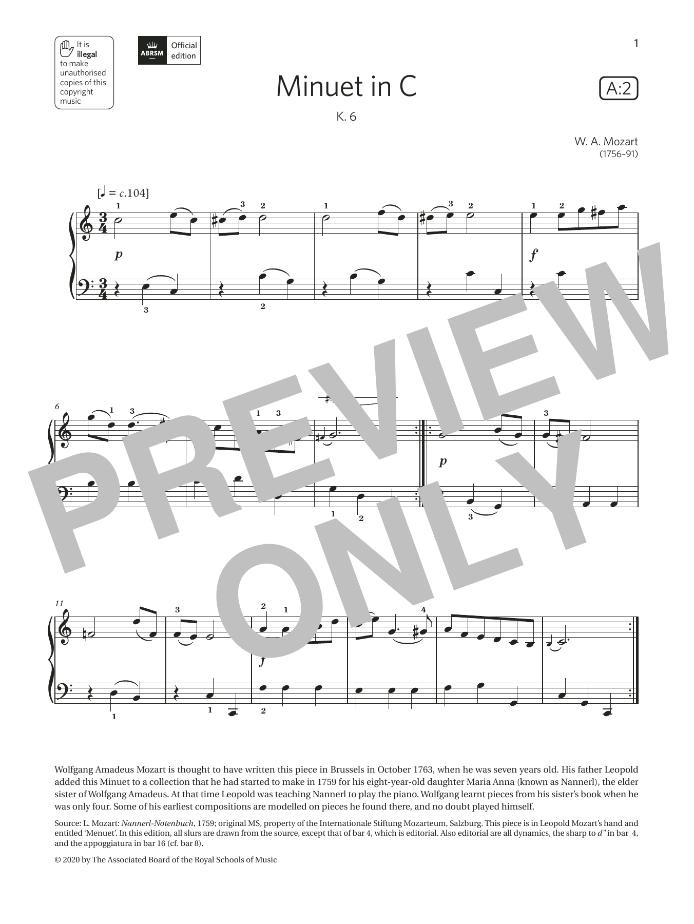 Learn to play W. A. Mozart Minuet in C (Grade 1, list A2, from the ABRSM Piano Syllabus 2021 & 2022) sheet music for Piano Solo in minutes. Price: 3.9900$ W. A. Mozart Minuet in C (Grade 1, list A2, from the ABRSM Piano Syllabus 2021 & 2022) sheet music notes and chords arranged for Piano Solo