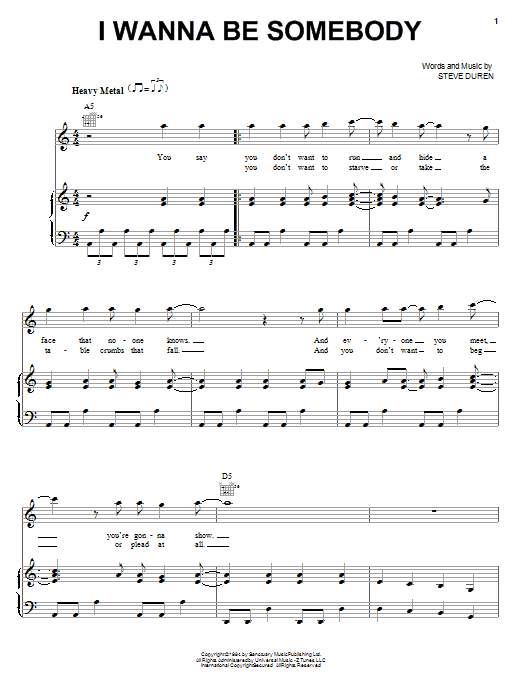 Learn to play W.A.S.P. I Wanna Be Somebody sheet music for Piano, Vocal & Guitar (Right-Hand Melody) in minutes. W.A.S.P. I Wanna Be Somebody sheet music notes and chords. Download Printable PDF.