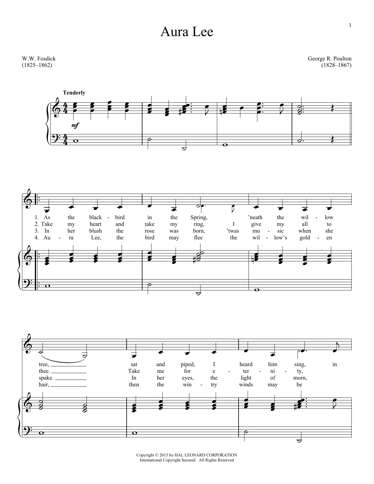 W.W. Fosdick Aura Lee sheet music notes and chords. Download Printable PDF.