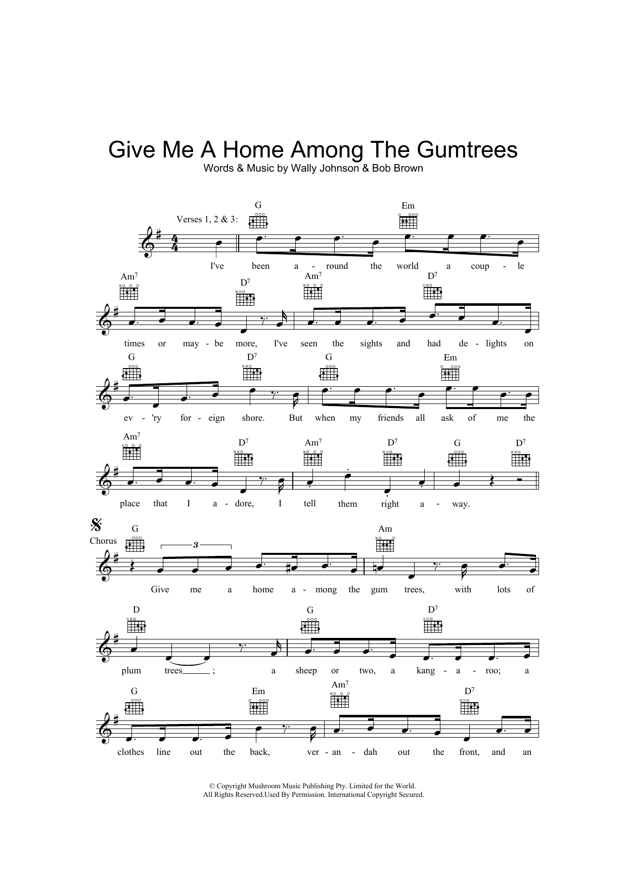Learn to play Wally Johnson Give Me A Home Among The Gumtrees sheet music for Lead Sheet / Fake Book in minutes. Price: 5.9900$ Wally Johnson Give Me A Home Among The Gumtrees sheet music notes and chords arranged for Lead Sheet / Fake Book