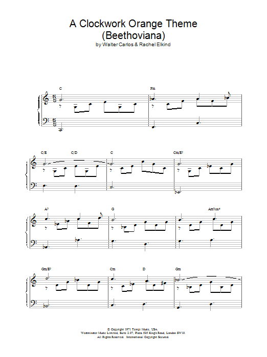 Walter Carlos A Clockwork Orange Theme (Beethoviana) sheet music notes and chords. Download Printable PDF.