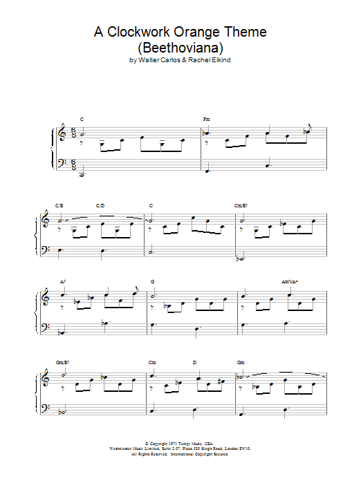 Learn to play Walter Carlos A Clockwork Orange Theme (Beethoviana) sheet music for Piano Solo in minutes. Walter Carlos A Clockwork Orange Theme (Beethoviana) sheet music notes and chords