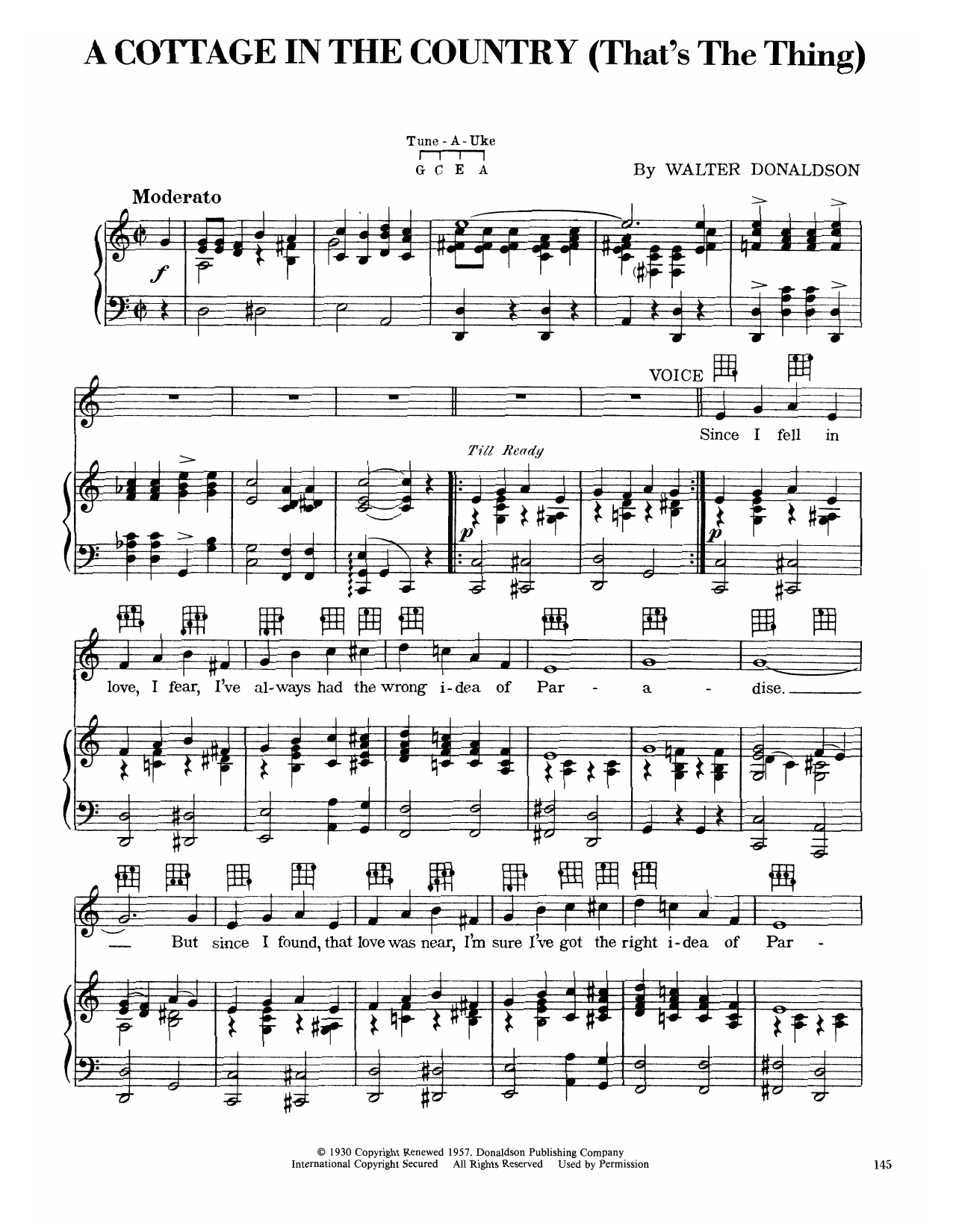 Learn to play Walter Donaldson A Cottage In The Country (That's The Thing) sheet music for Piano, Vocal & Guitar Chords (Right-Hand Melody) in minutes. Price: 6.9900$ Walter Donaldson A Cottage In The Country (That's The Thing) sheet music notes and chords arranged for Piano, Vocal & Guitar Chords (Right-Hand Melody)