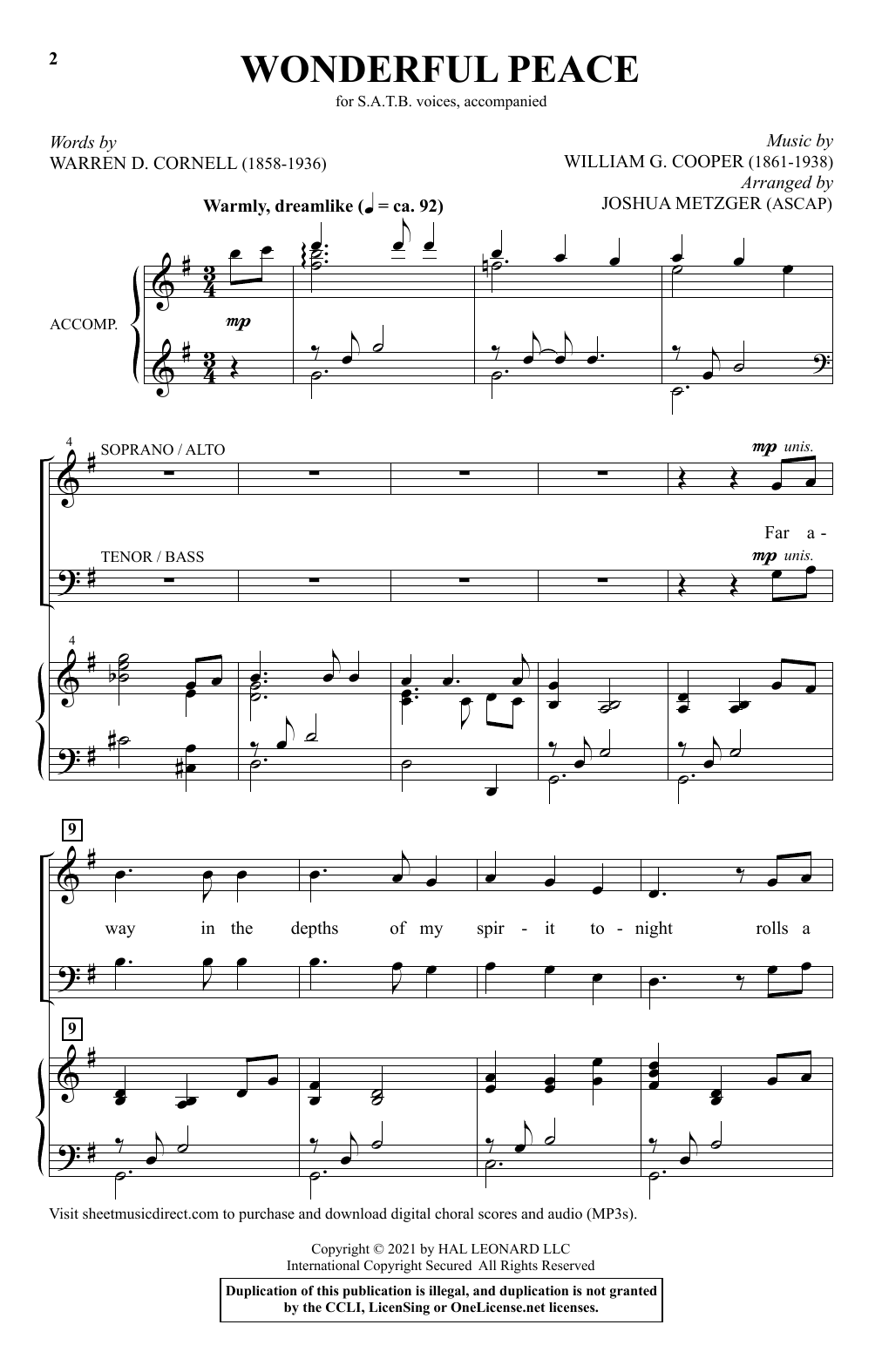 Learn to play Warren D. Cornell and William G. Cooper Wonderful Peace (arr. Joshua Metzger) sheet music for SATB Choir in minutes. Price: 3.9900$ Warren D. Cornell and William G. Cooper Wonderful Peace (arr. Joshua Metzger) sheet music notes and chords arranged for SATB Choir