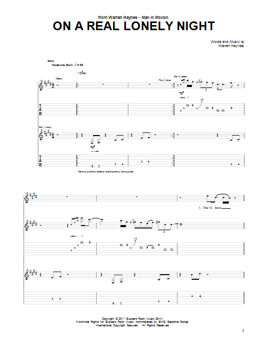 Learn to play Warren Haynes On A Real Lonely Night sheet music for Guitar Tab in minutes. Price: 7.8900$ Warren Haynes On A Real Lonely Night sheet music notes and chords arranged for Guitar Tab