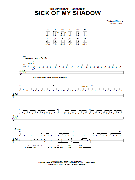 Learn to play Warren Haynes Sick Of My Shadow sheet music for Guitar Tab in minutes. Price: 7.8900$ Warren Haynes Sick Of My Shadow sheet music notes and chords arranged for Guitar Tab