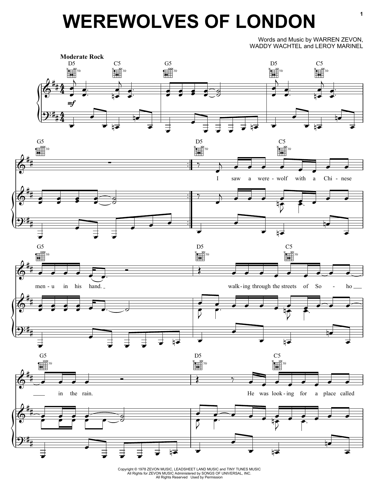 Warren Zevon Werewolves of London Sheet Music (Leadsheet) in A Major -  Download & Print - SKU: MN0169364