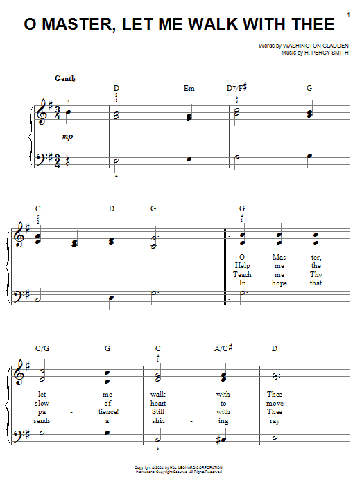 Washington Gladden O Master, Let Me Walk With Thee sheet music notes and chords. Download Printable PDF.