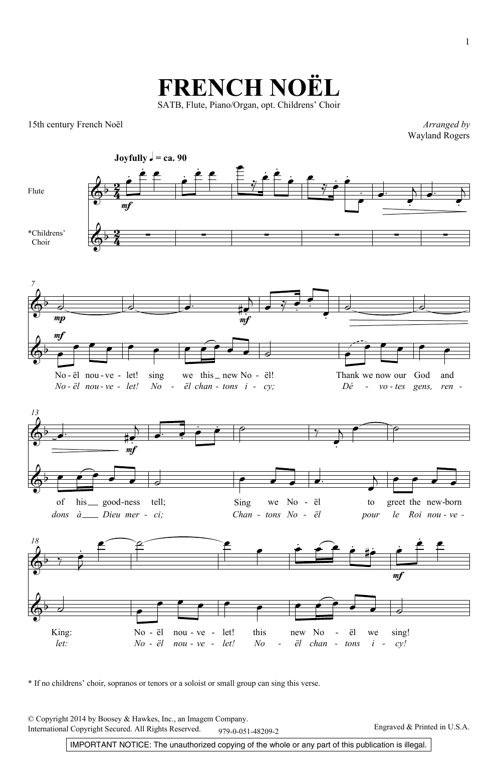 Wayland Rogers French Noel sheet music notes and chords. Download Printable PDF.