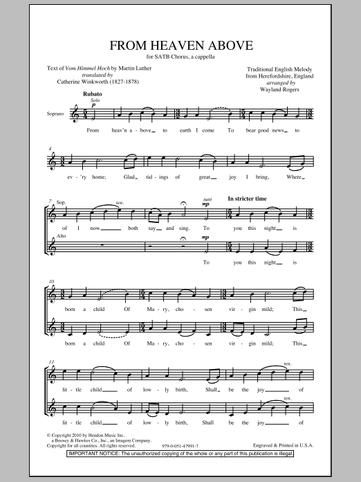 Wayland Rogers From Heaven Above sheet music notes and chords. Download Printable PDF.