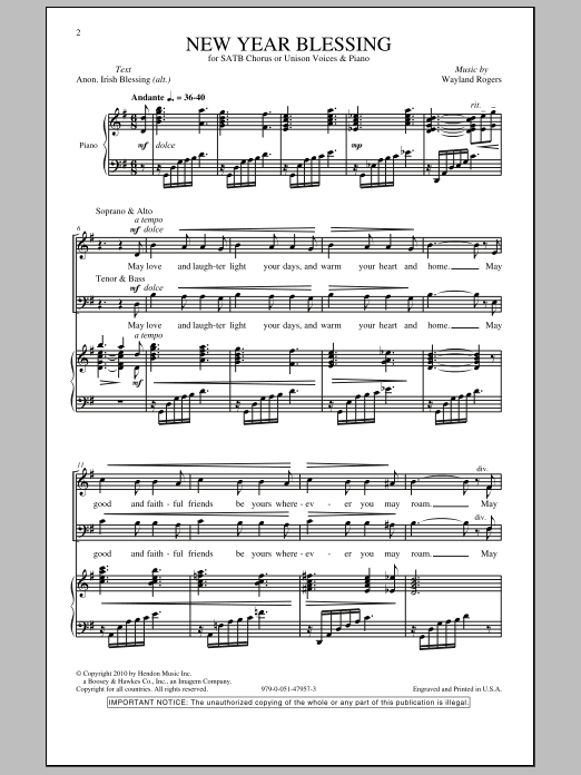 Wayland Rogers New Year Blessing sheet music notes and chords. Download Printable PDF.