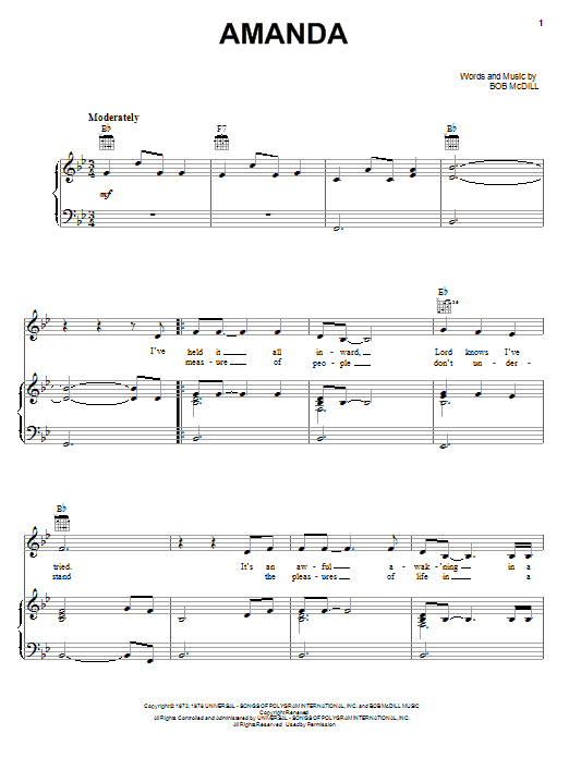 Waylon Jennings Amanda sheet music notes and chords. Download Printable PDF.