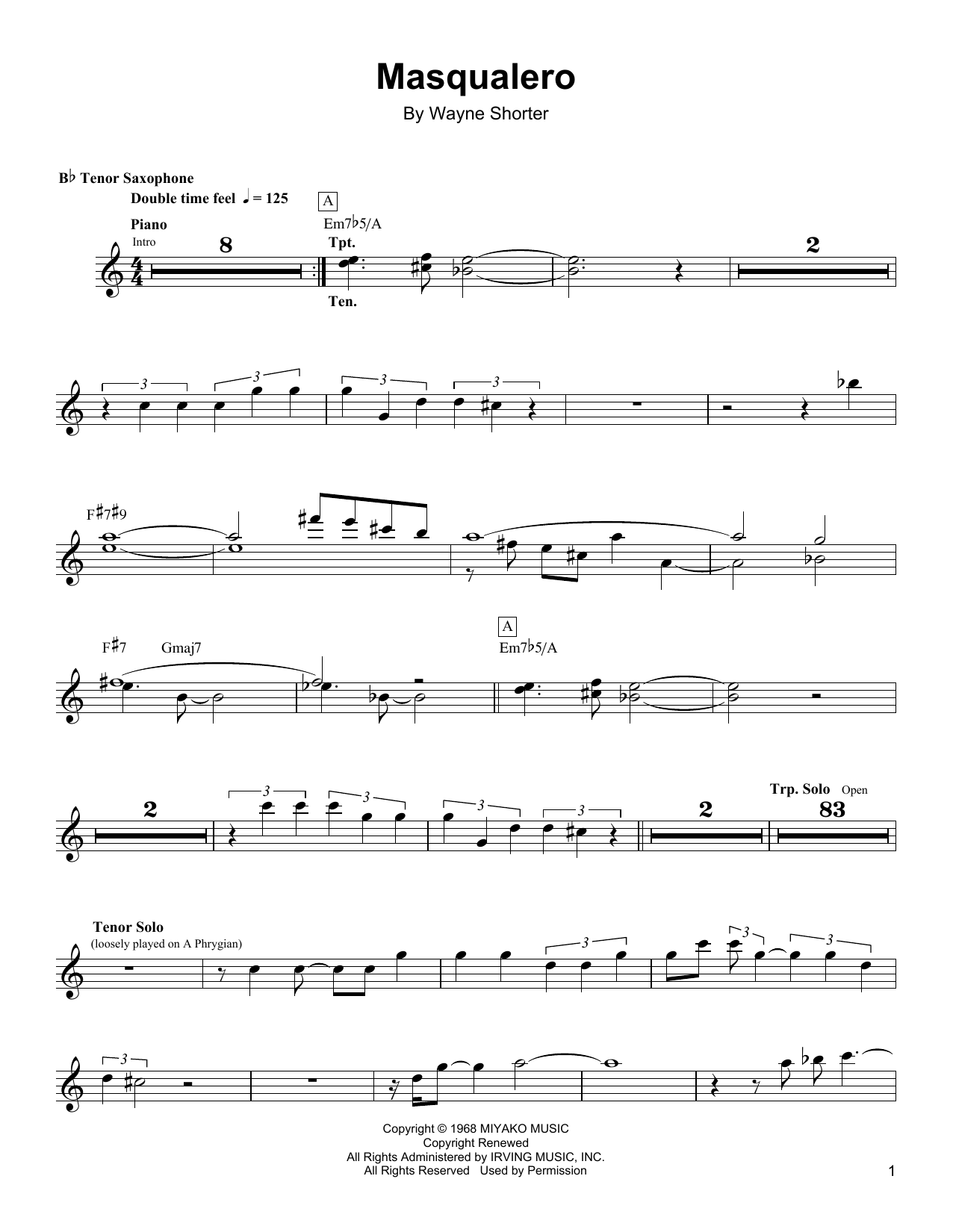 Wayne Shorter Masqualero sheet music notes and chords. Download Printable PDF.