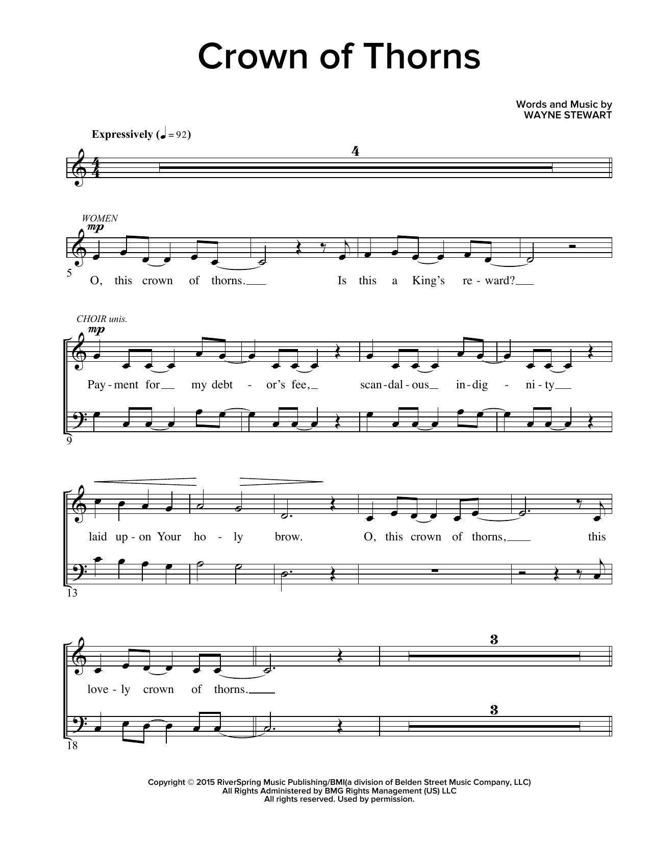 Learn to play Wayne Stewart Crown Of Thorns sheet music for SATB Choir in minutes. Price: 3.9900$ Wayne Stewart Crown Of Thorns sheet music notes and chords arranged for SATB Choir