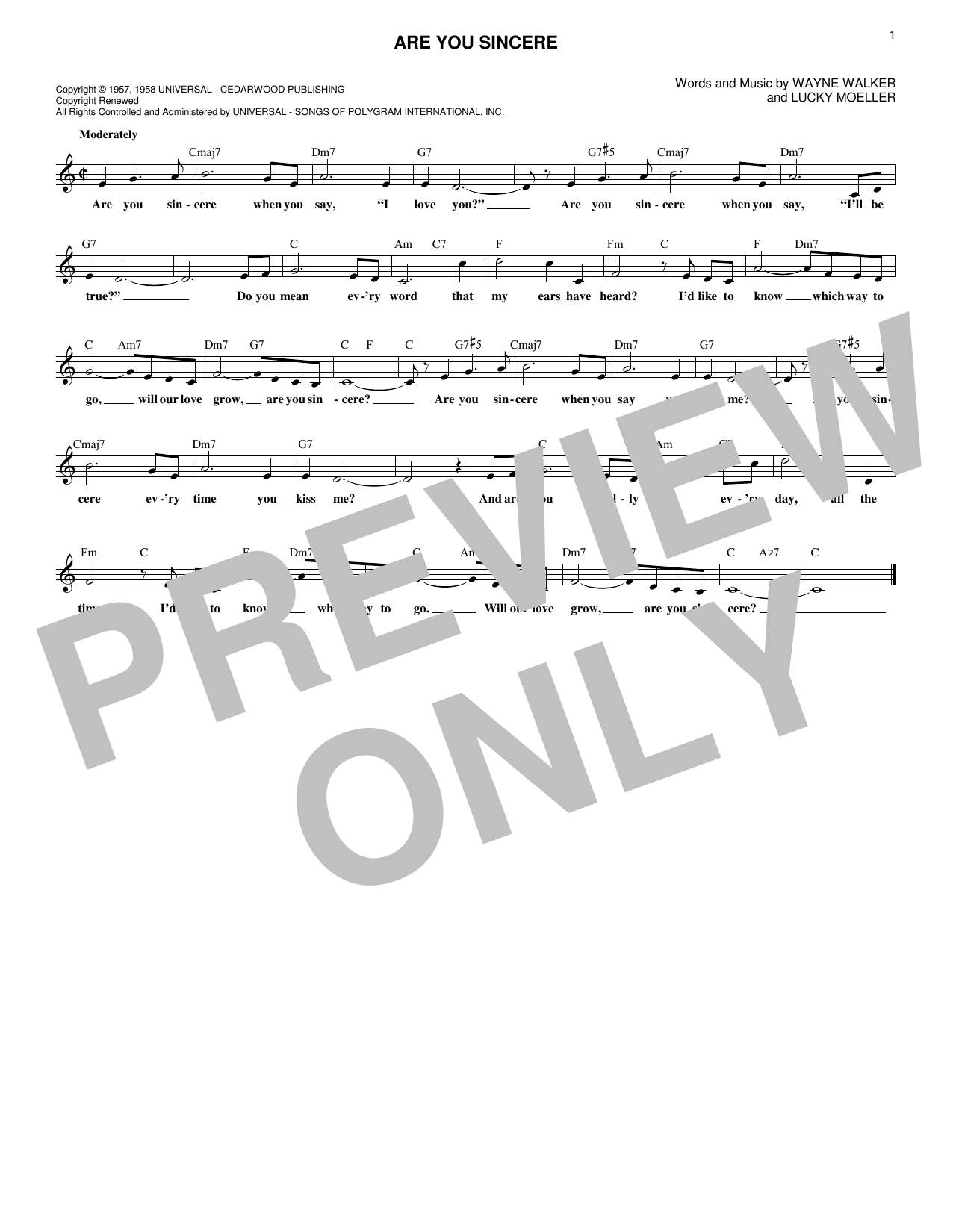 Wayne Walker Are You Sincere sheet music notes and chords. Download Printable PDF.