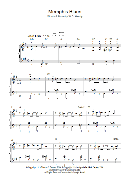 Learn to play W.C. Handy Memphis Blues sheet music for Easy Piano in minutes. Price: 6.9900$ W.C. Handy Memphis Blues sheet music notes and chords arranged for Easy Piano