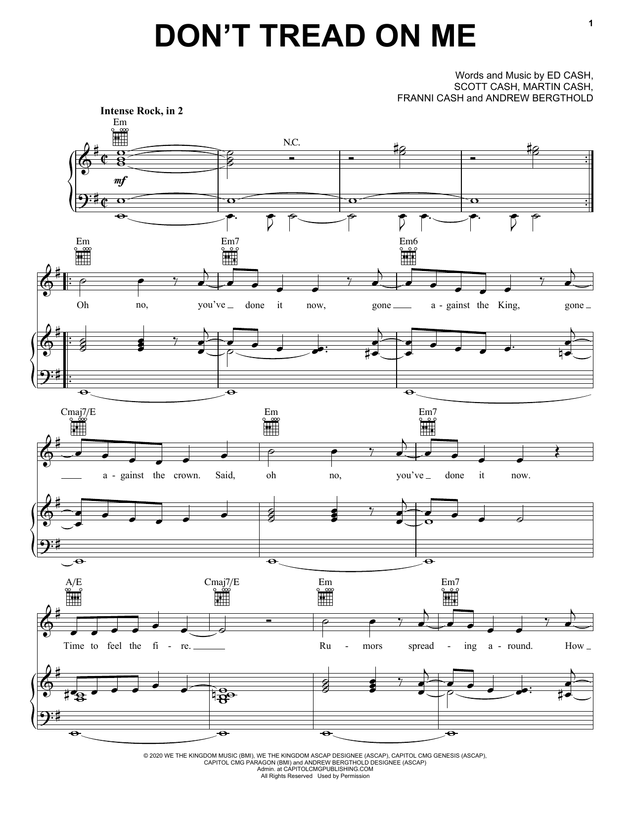 Learn to play We The Kingdom Don't Tread On Me sheet music for Piano, Vocal & Guitar Chords (Right-Hand Melody) in minutes. Price: 6.9900$ We The Kingdom Don't Tread On Me sheet music notes and chords arranged for Piano, Vocal & Guitar Chords (Right-Hand Melody)