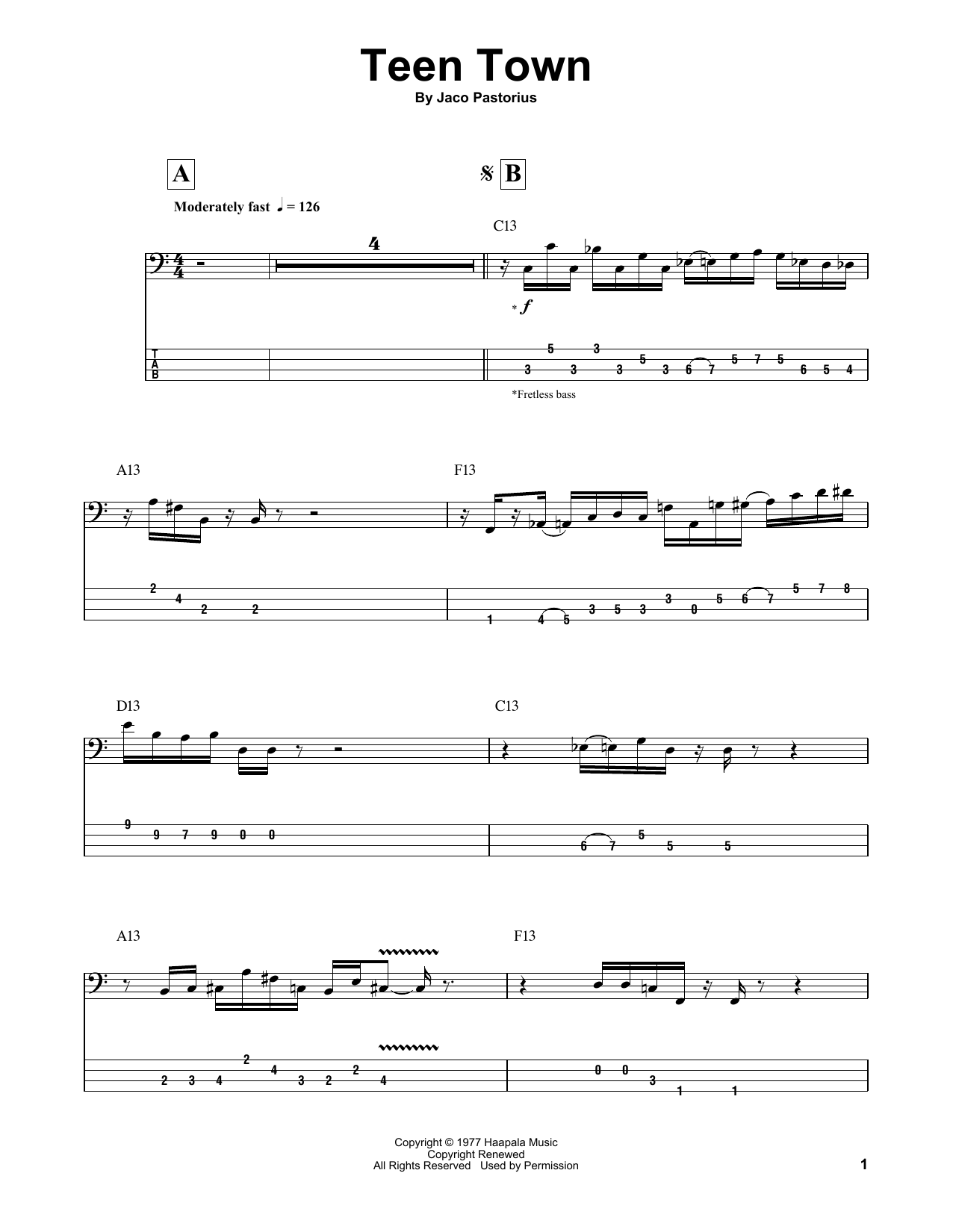 Jaco Pastorius Teen Town sheet music notes and chords. Download Printable PDF.