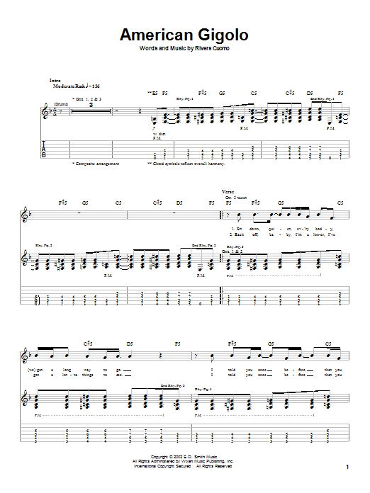 Weezer American Gigolo sheet music notes and chords. Download Printable PDF.