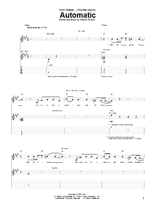 Weezer Automatic sheet music notes and chords. Download Printable PDF.