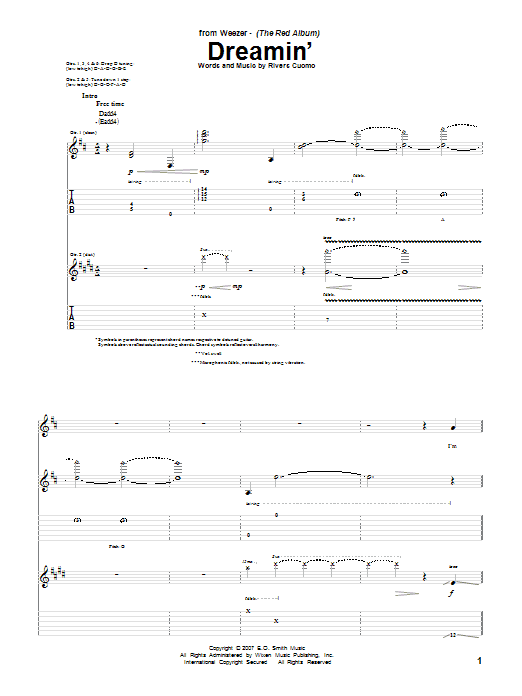 Weezer Dreamin' sheet music notes and chords. Download Printable PDF.