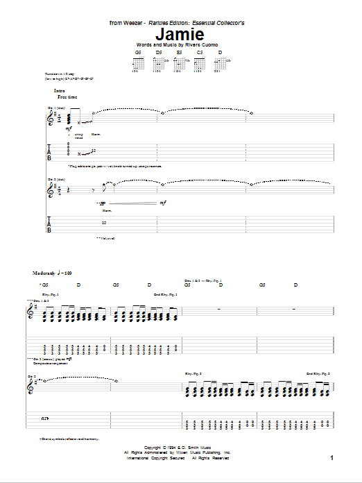 Weezer Jamie sheet music notes and chords. Download Printable PDF.