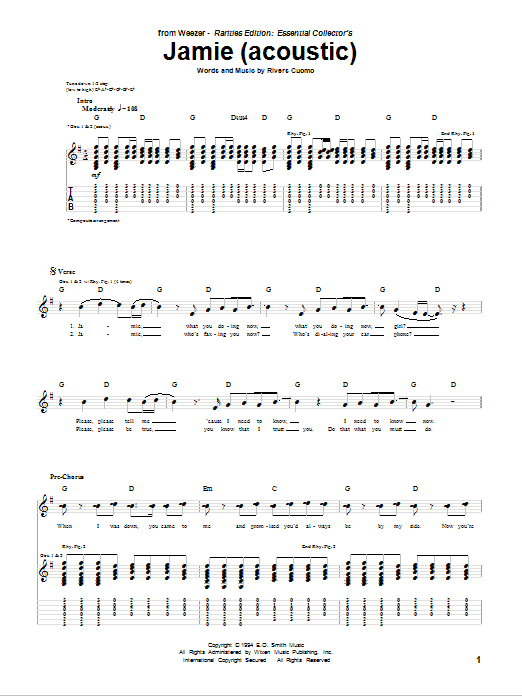 Weezer Jamie (Acoustic Version) sheet music notes and chords. Download Printable PDF.