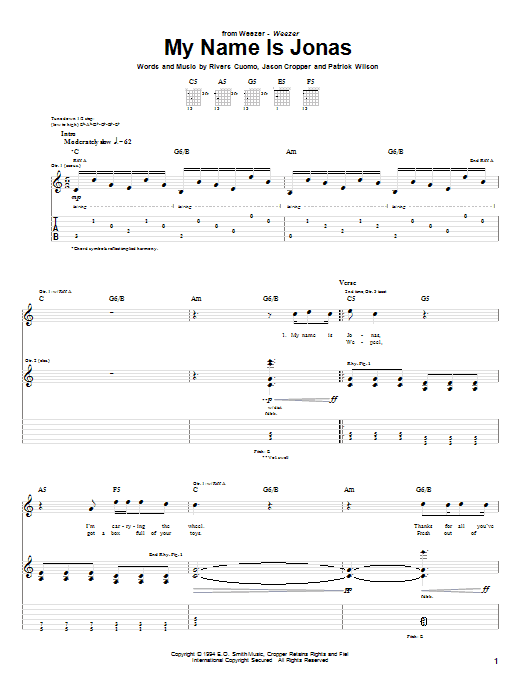 Weezer My Name Is Jonas sheet music notes and chords. Download Printable PDF.