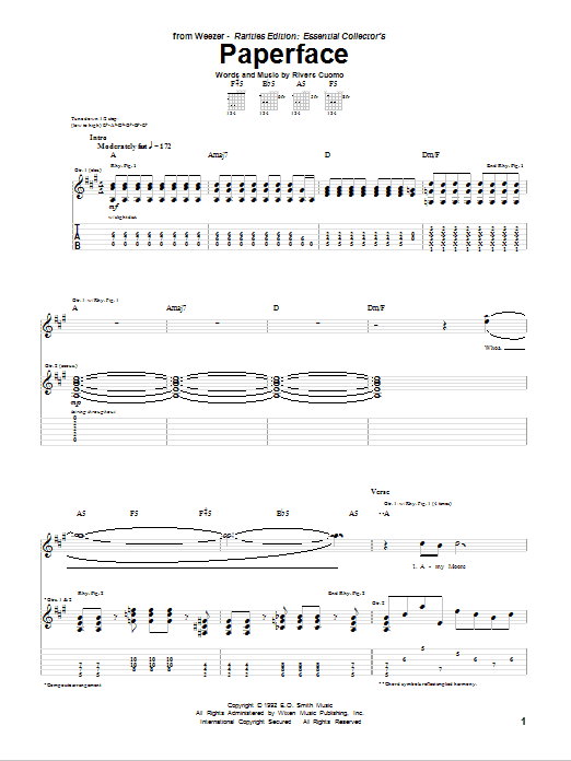 Weezer Paperface sheet music notes and chords. Download Printable PDF.