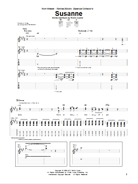 Weezer Susanne sheet music notes and chords. Download Printable PDF.