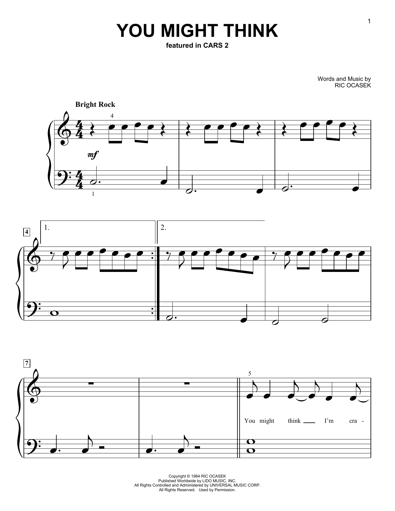 Weezer You Might Think (from Cars 2) sheet music notes and chords. Download Printable PDF.