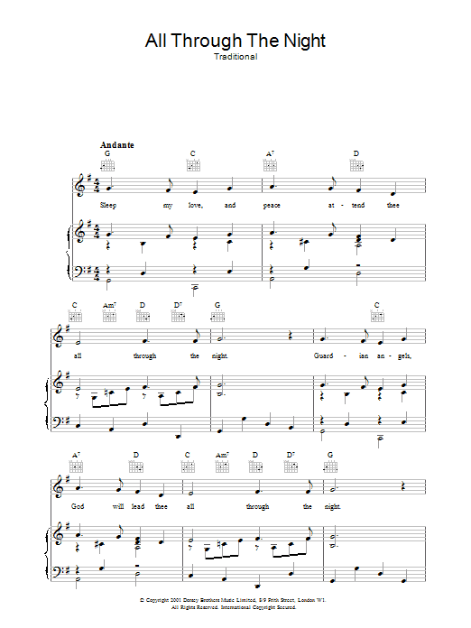 Welsh Folksong All Through The Night sheet music notes and chords. Download Printable PDF.