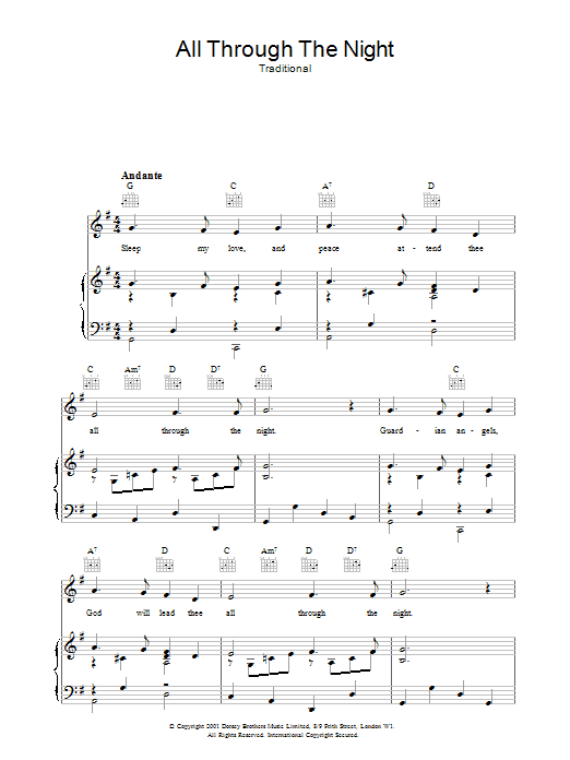 Learn to play Welsh Folksong All Through The Night sheet music for Piano, Vocal & Guitar (Right-Hand Melody) in minutes. Welsh Folksong All Through The Night sheet music notes and chords. Download Printable PDF.