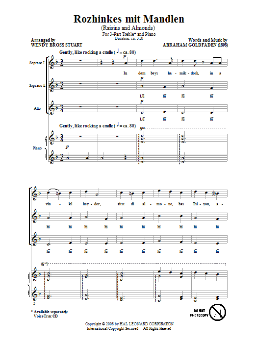 Learn to play Wendy Bross Stuart Rozhinkes Mit Mandlen (Raisins And Almonds) sheet music for 3-Part Treble Choir in minutes. Price: 3.9900$ Wendy Bross Stuart Rozhinkes Mit Mandlen (Raisins And Almonds) sheet music notes and chords arranged for 3-Part Treble Choir