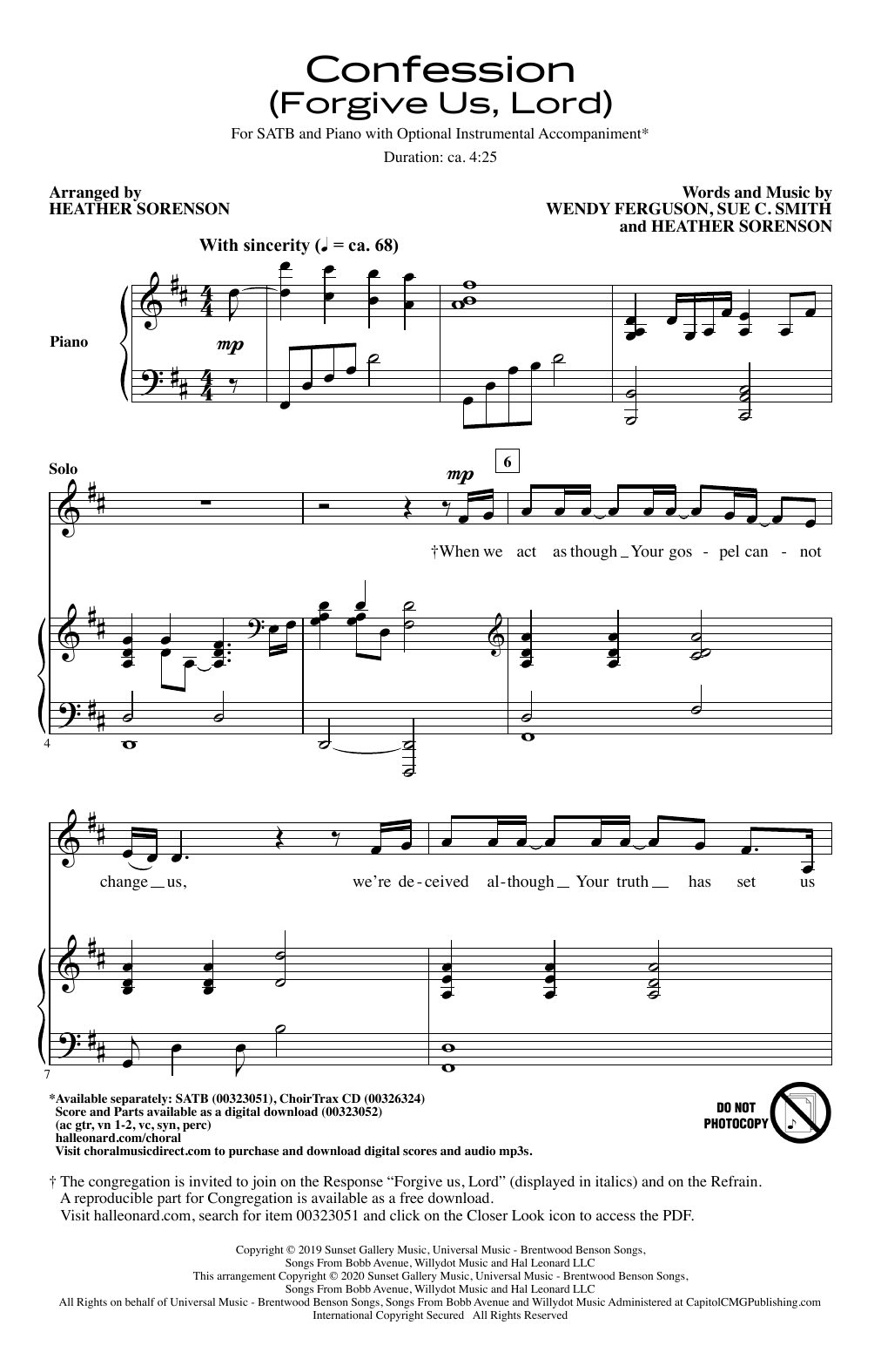 Learn to play Wendy Ferguson, Sue C. Smith and Heather Sorenson Confession (Forgive Us, Lord) (arr. Heather Sorenson) sheet music for SATB Choir in minutes. Price: 3.9900$ Wendy Ferguson, Sue C. Smith and Heather Sorenson Confession (Forgive Us, Lord) (arr. Heather Sorenson) sheet music notes and chords arranged for SATB Choir