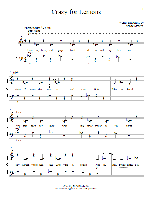 Learn to play Wendy Stevens Crazy For Lemons sheet music for Educational Piano in minutes. Price: 6.9900$ Wendy Stevens Crazy For Lemons sheet music notes and chords. Download Printable PDF.