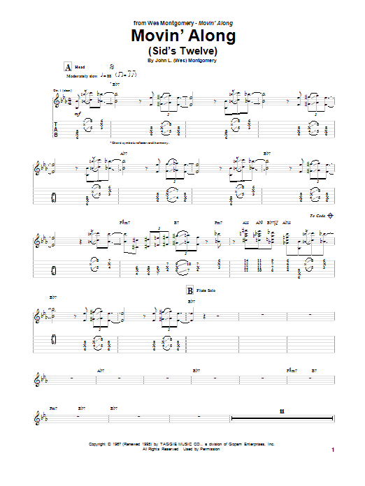 Wes Montgomery Movin' Along (Sid's Twelve) sheet music notes and chords - Download Printable PDF and start playing in minutes.