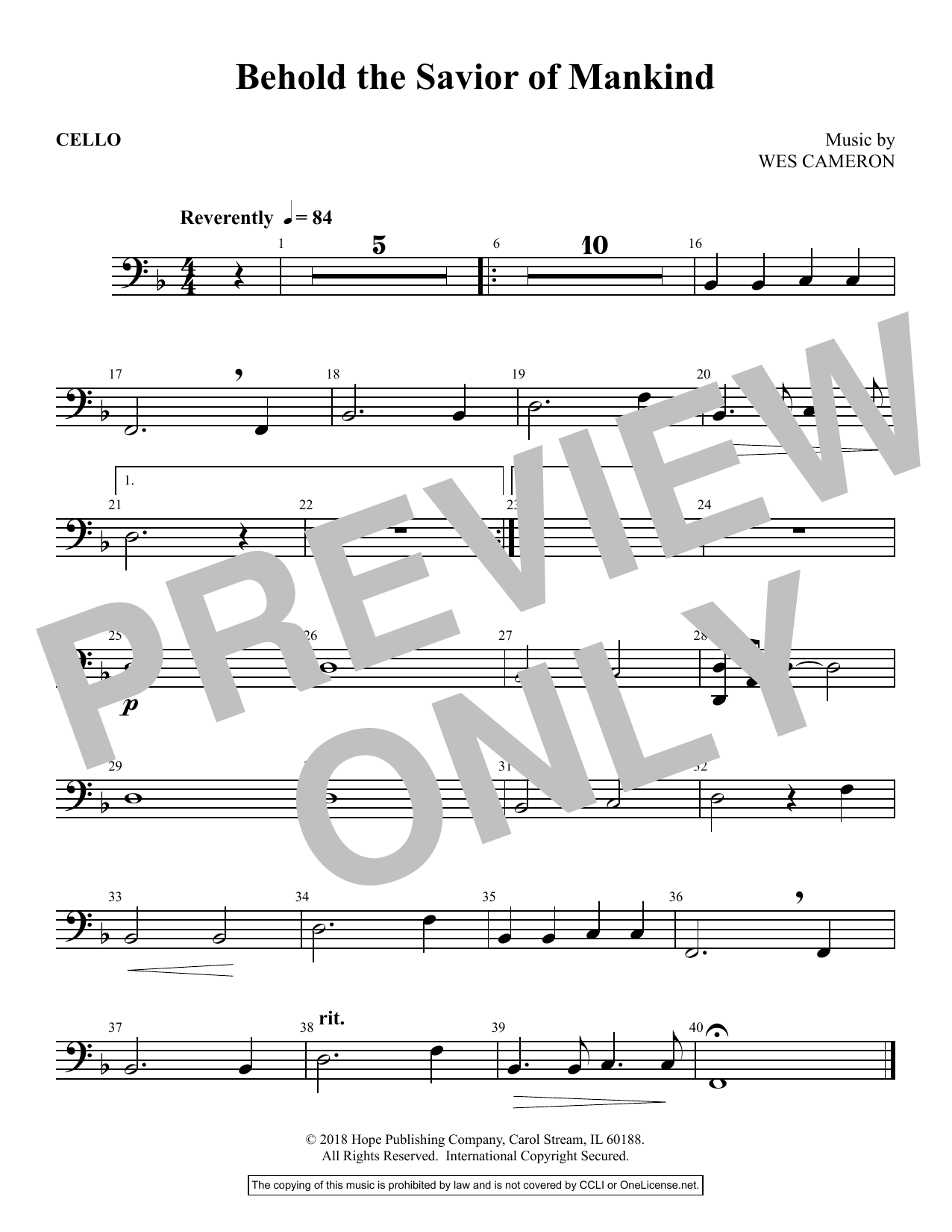 Learn to play Wes Cameron Behold the Savior of Mankind - Cello sheet music for Choir Instrumental Pak in minutes. Price: 16.9700$ Wes Cameron Behold the Savior of Mankind - Cello sheet music notes and chords arranged for Choir Instrumental Pak