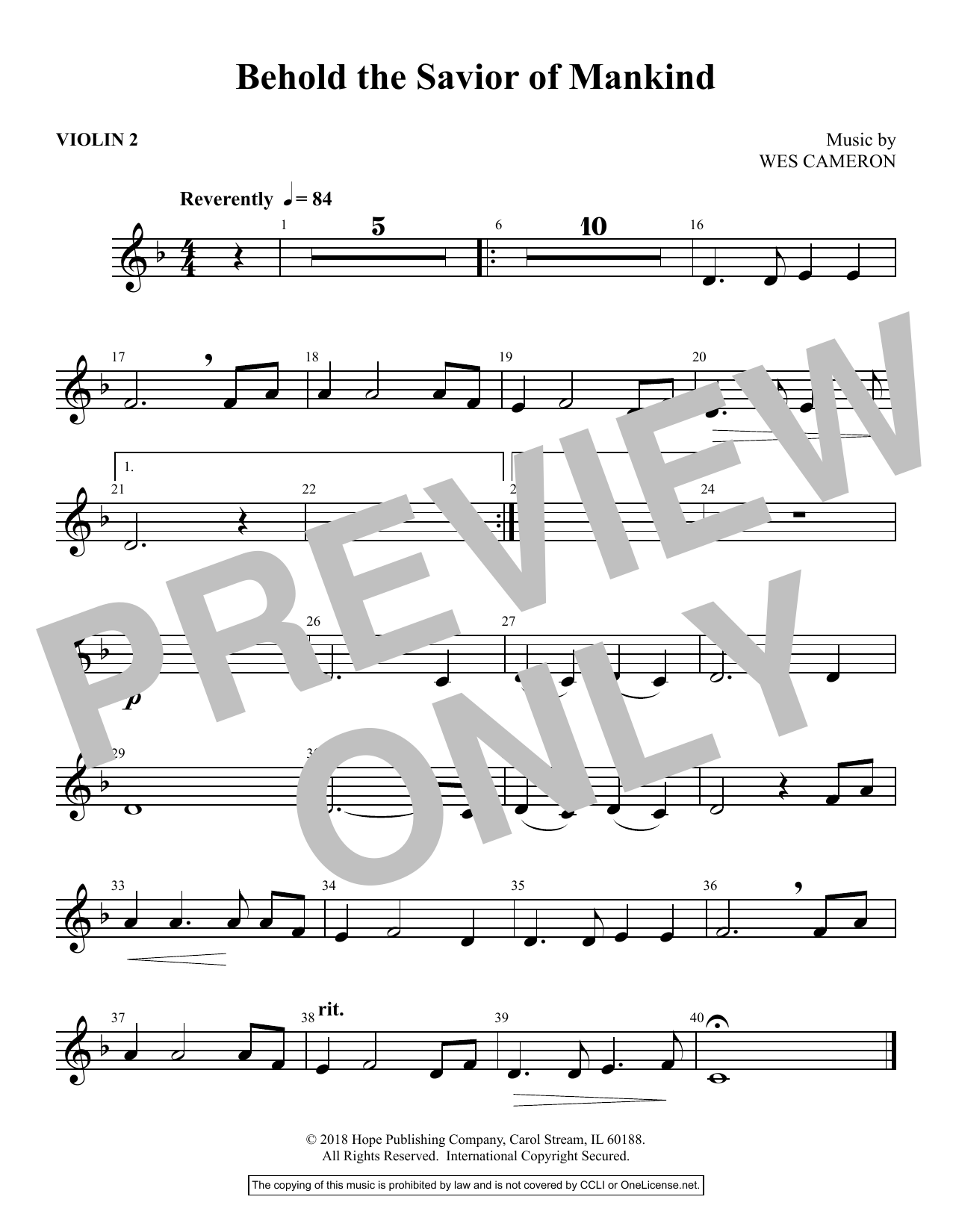 Learn to play Wes Cameron Behold the Savior of Mankind - Violin 2 sheet music for Choir Instrumental Pak in minutes. Price: 16.9700$ Wes Cameron Behold the Savior of Mankind - Violin 2 sheet music notes and chords arranged for Choir Instrumental Pak