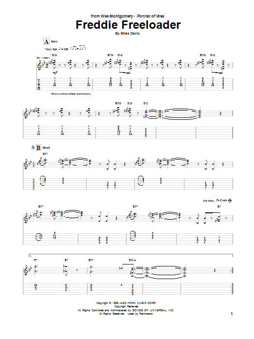 Wes Montgomery Freddie Freeloader sheet music notes and chords. Download Printable PDF.