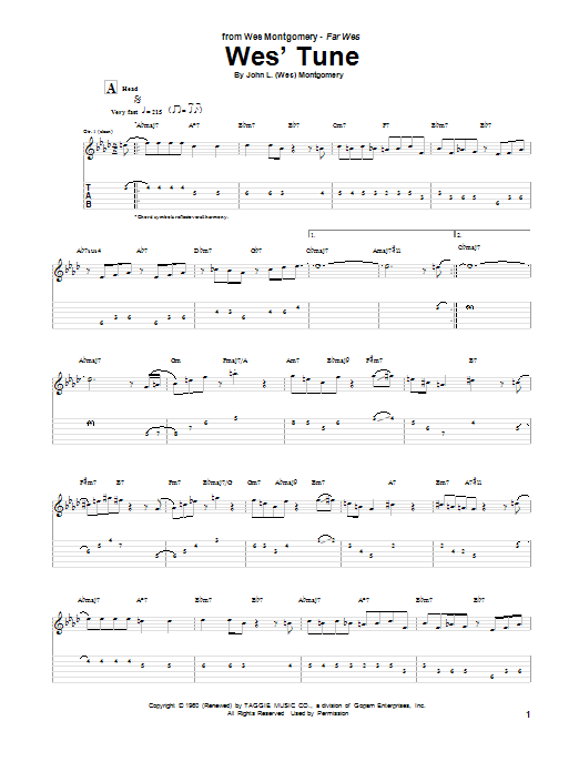 Wes Montgomery Wes' Tune sheet music notes and chords. Download Printable PDF.