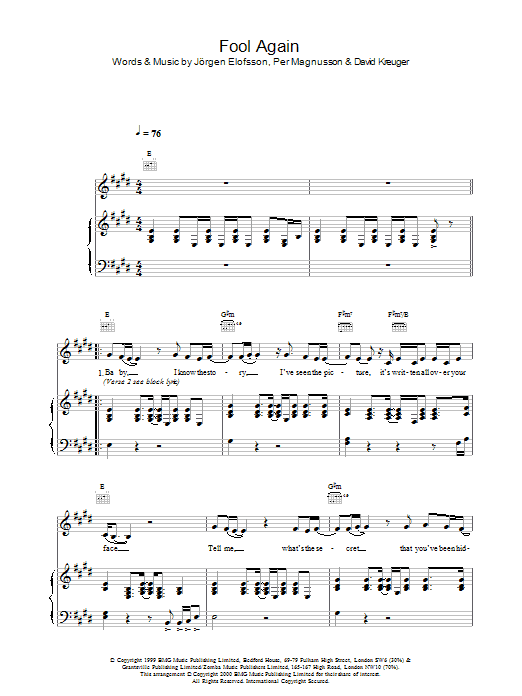 Learn to play Westlife Fool Again sheet music for Piano, Vocal & Guitar in minutes. Westlife Fool Again sheet music notes and chords. Download Printable PDF.