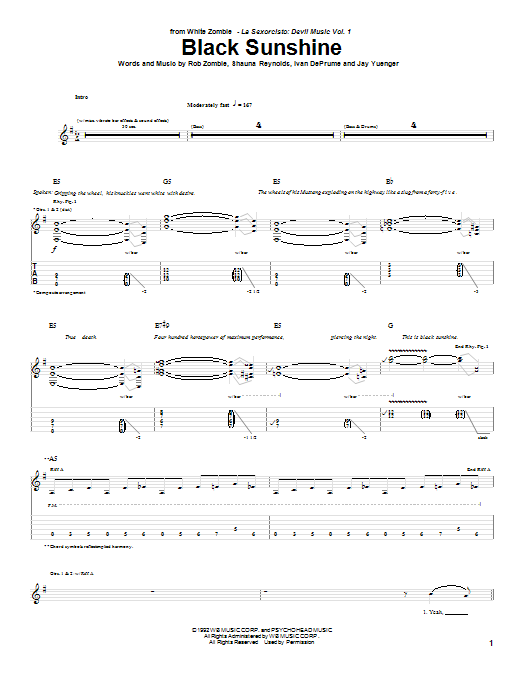 White Zombie Black Sunshine sheet music notes and chords. Download Printable PDF.