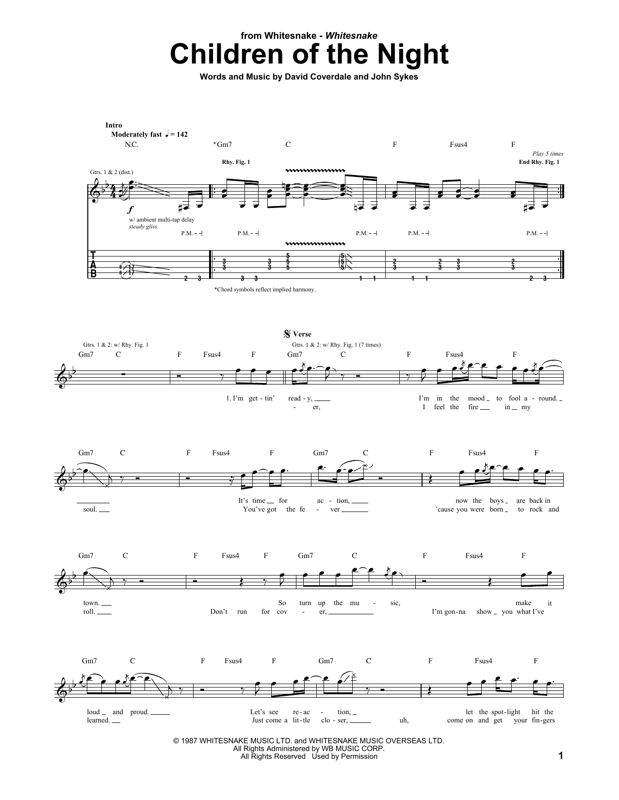 Whitesnake Children Of The Night sheet music notes and chords. Download Printable PDF.